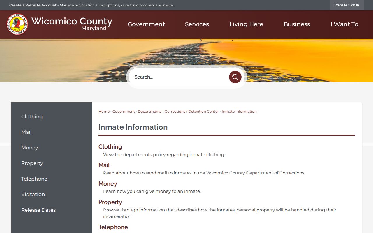 Wicomico County inmate information menu without a 72-hour release list