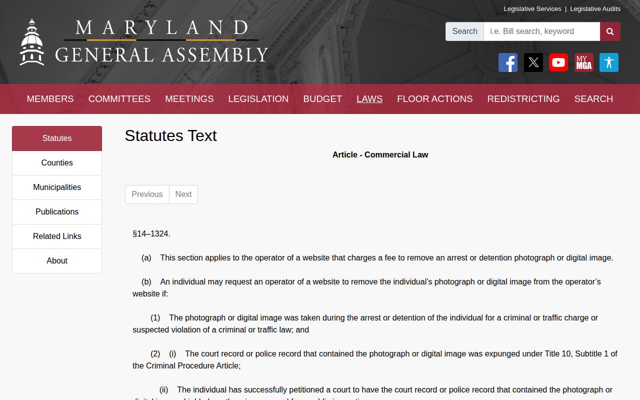 Maryland law affecting removal of Wicomico County released inmate mugshots