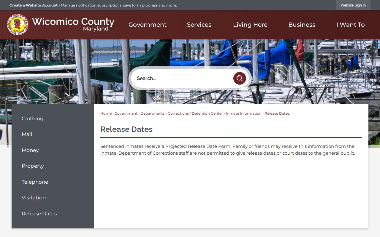 Wicomico County projected release date form policy for sentenced inmates